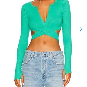 Lovers & Friends cropped green ribbed long sleeve with wrap around ties